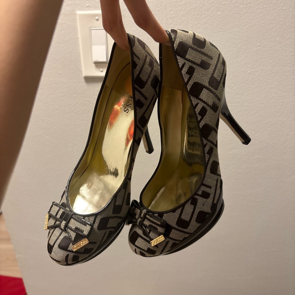 Guess Brown and Tan Peep-Toe Stiletto Heels